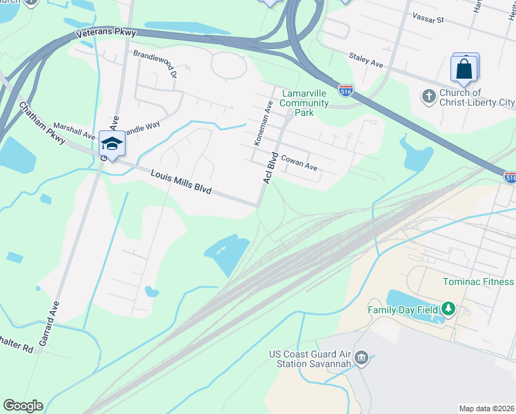 map of restaurants, bars, coffee shops, grocery stores, and more near 6000 Acl Boulevard in Savannah