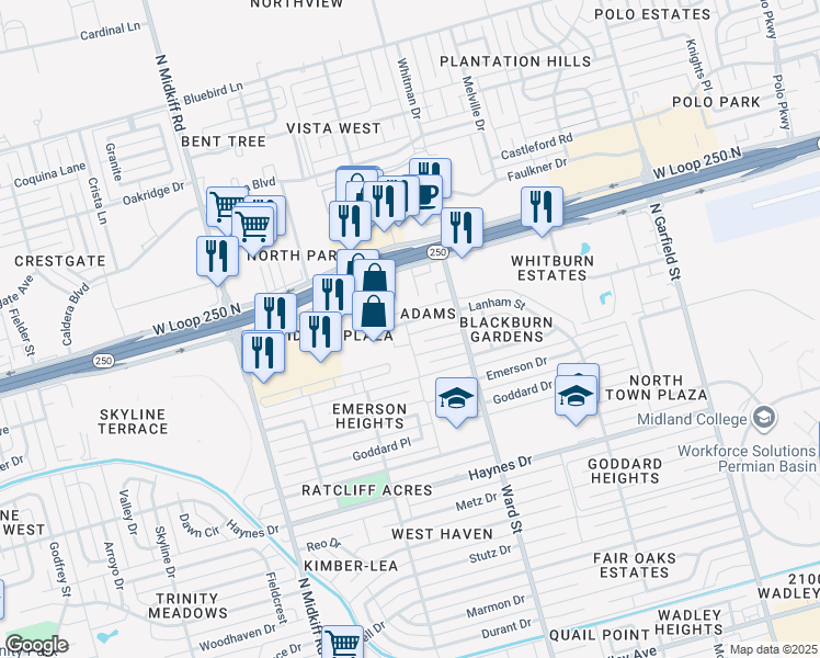map of restaurants, bars, coffee shops, grocery stores, and more near 2817 Courtyard Drive in Midland