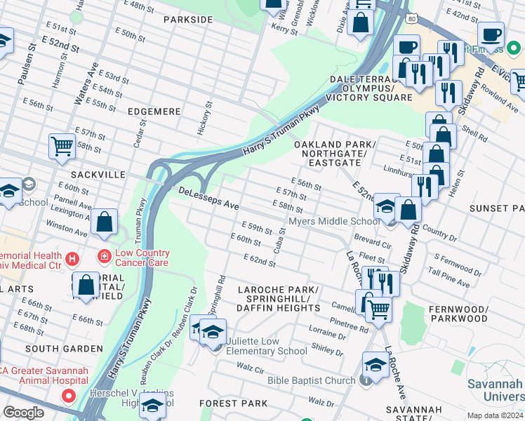 map of restaurants, bars, coffee shops, grocery stores, and more near 1915 East 58th Street in Savannah