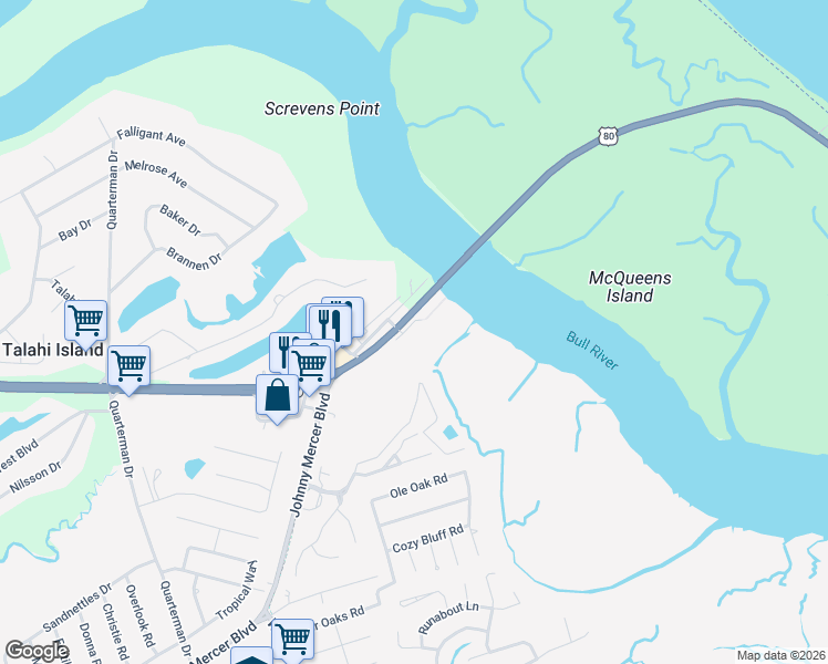 map of restaurants, bars, coffee shops, grocery stores, and more near 8001 U.S. 80 in Savannah