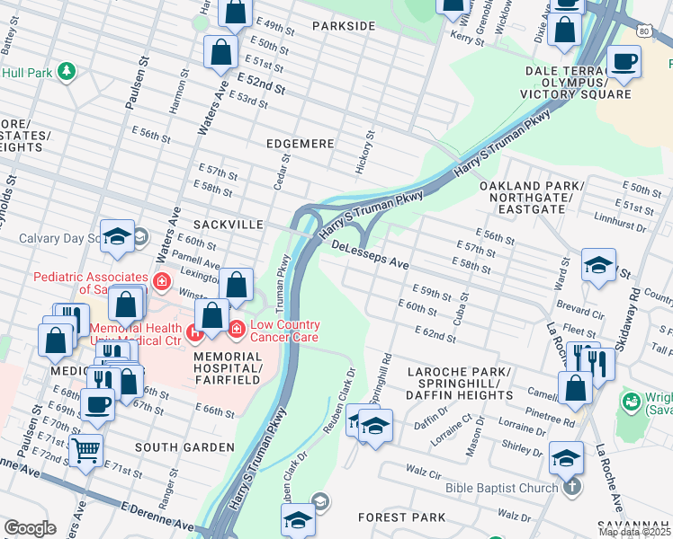 map of restaurants, bars, coffee shops, grocery stores, and more near 1616 East 59th Street in Savannah