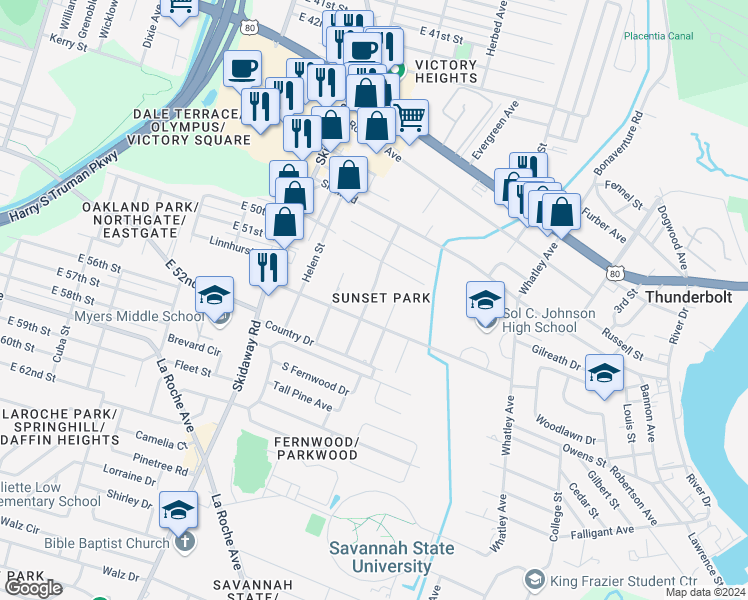 map of restaurants, bars, coffee shops, grocery stores, and more near 3208 Martha Street in Savannah