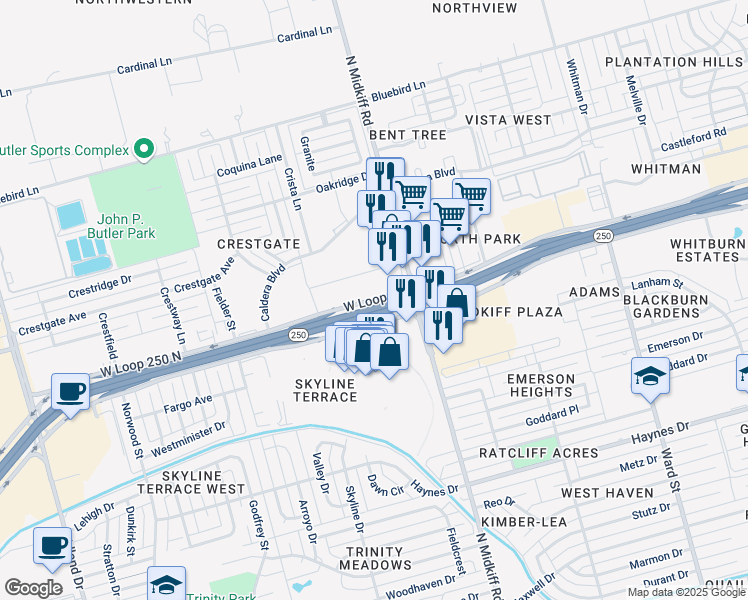 map of restaurants, bars, coffee shops, grocery stores, and more near 3314 West Loop 250 North in Midland
