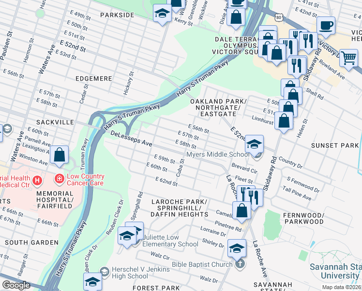 map of restaurants, bars, coffee shops, grocery stores, and more near 2018 East 58th Street in Savannah