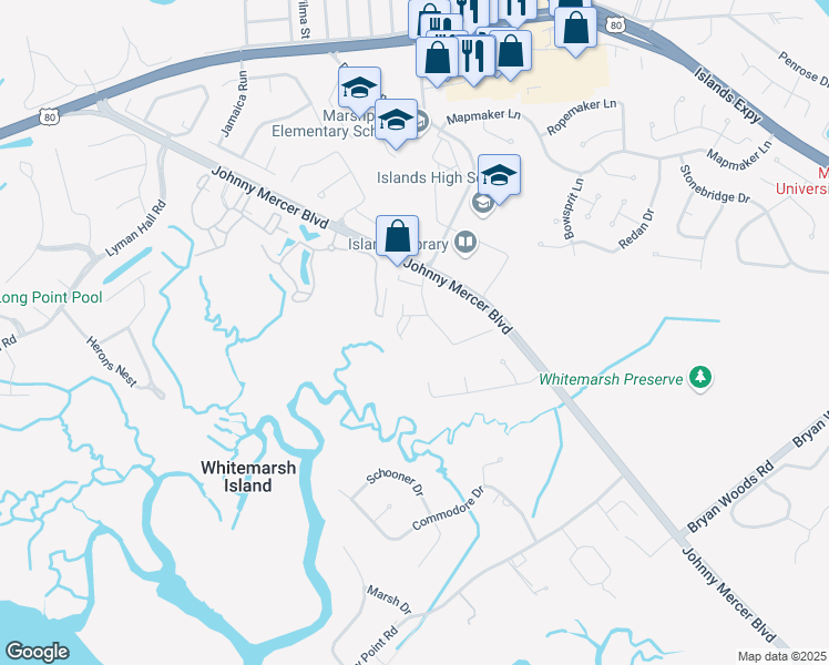 map of restaurants, bars, coffee shops, grocery stores, and more near 5304 Walden Park Drive in Savannah