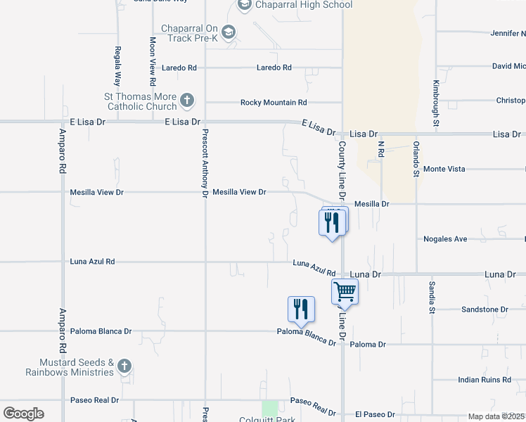 map of restaurants, bars, coffee shops, grocery stores, and more near 601-659 Mesilla View Dr in Chaparral