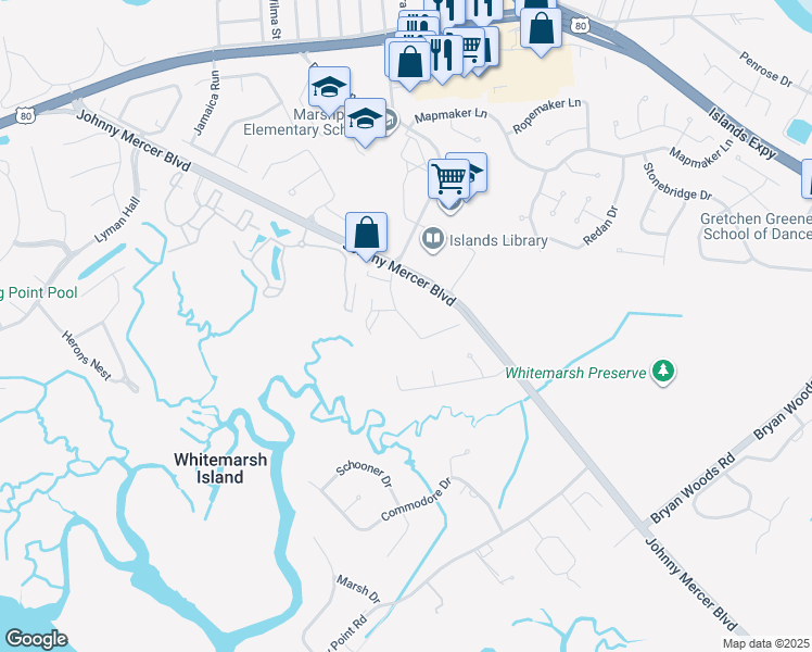 map of restaurants, bars, coffee shops, grocery stores, and more near 7104 Walden Park Drive in Savannah
