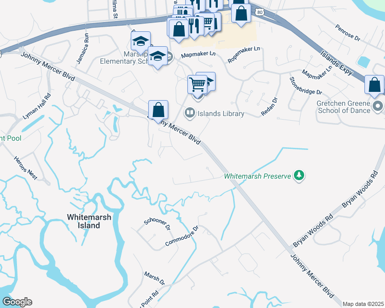 map of restaurants, bars, coffee shops, grocery stores, and more near 8208 Walden Park Drive in Savannah