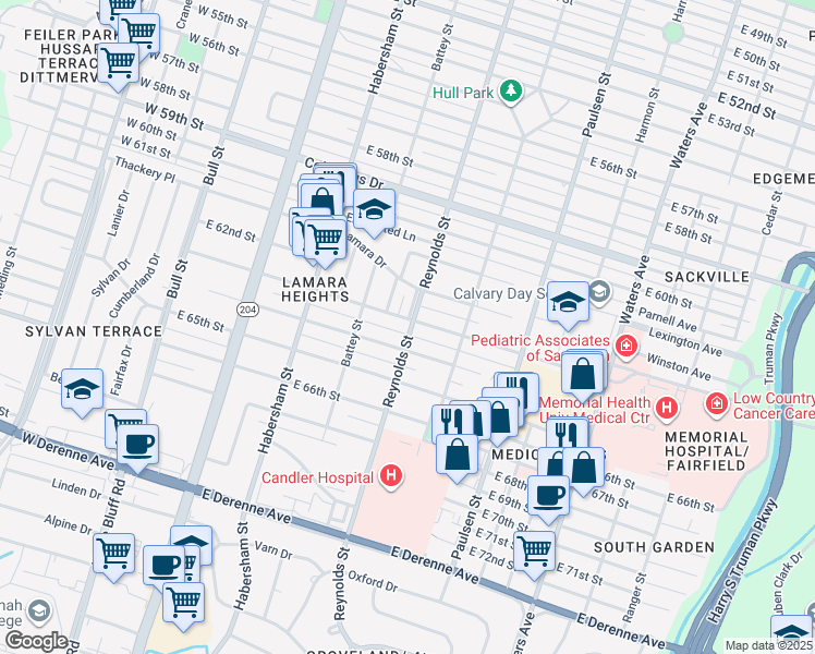 map of restaurants, bars, coffee shops, grocery stores, and more near 406 East 63rd Street in Savannah