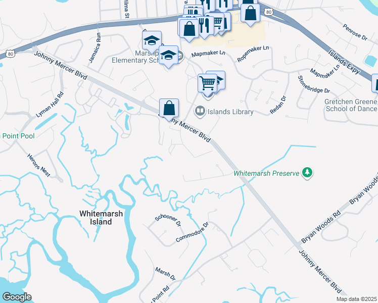 map of restaurants, bars, coffee shops, grocery stores, and more near 7104 Walden Park Drive in Savannah