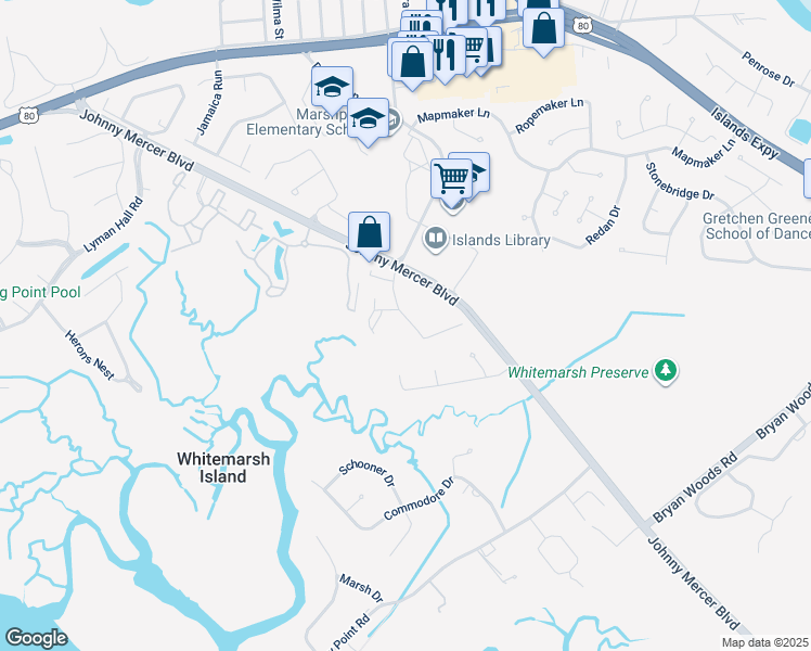 map of restaurants, bars, coffee shops, grocery stores, and more near 7104 Walden Park Drive in Savannah