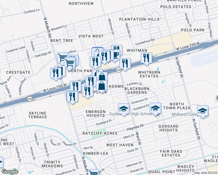 map of restaurants, bars, coffee shops, grocery stores, and more near 2817 Courtyard Drive in Midland