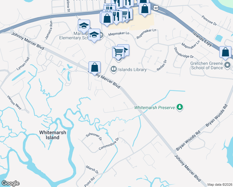 map of restaurants, bars, coffee shops, grocery stores, and more near 8302 Walden Park Drive in Savannah