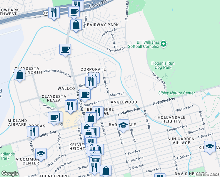 map of restaurants, bars, coffee shops, grocery stores, and more near 3405 Edwards Street in Midland
