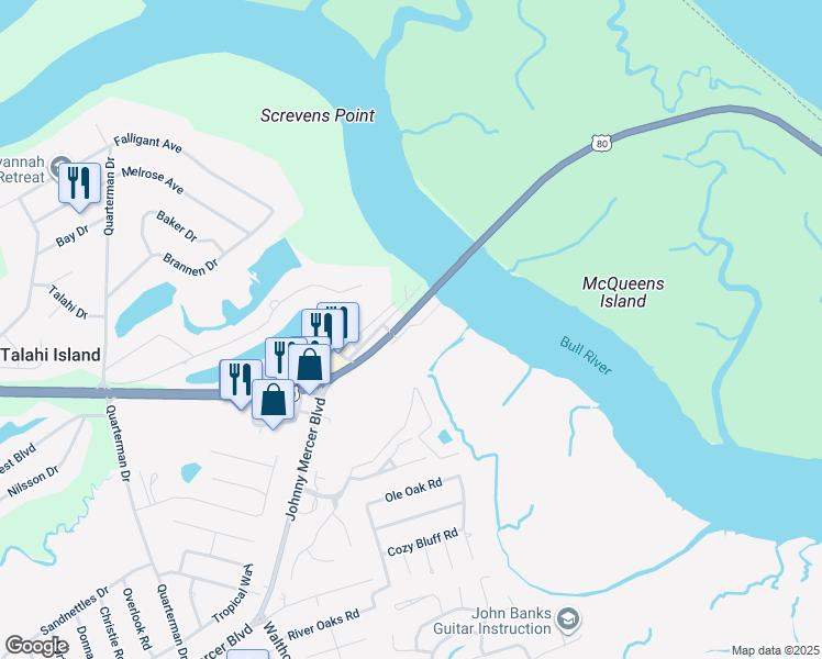 map of restaurants, bars, coffee shops, grocery stores, and more near 8001 U.S. 80 in Savannah