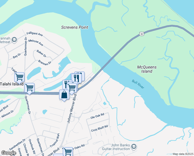 map of restaurants, bars, coffee shops, grocery stores, and more near 8001 U.S. 80 in Savannah
