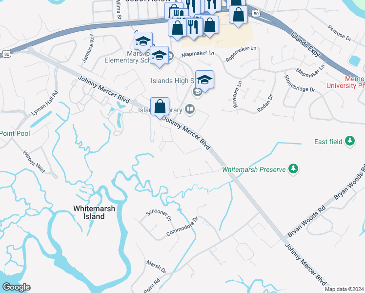 map of restaurants, bars, coffee shops, grocery stores, and more near 7103 Walden Park Drive in Savannah