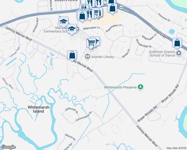 map of restaurants, bars, coffee shops, grocery stores, and more near 9308 Walden Park Drive in Savannah