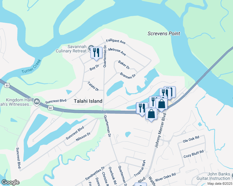 map of restaurants, bars, coffee shops, grocery stores, and more near 14 Lake Drive in Savannah