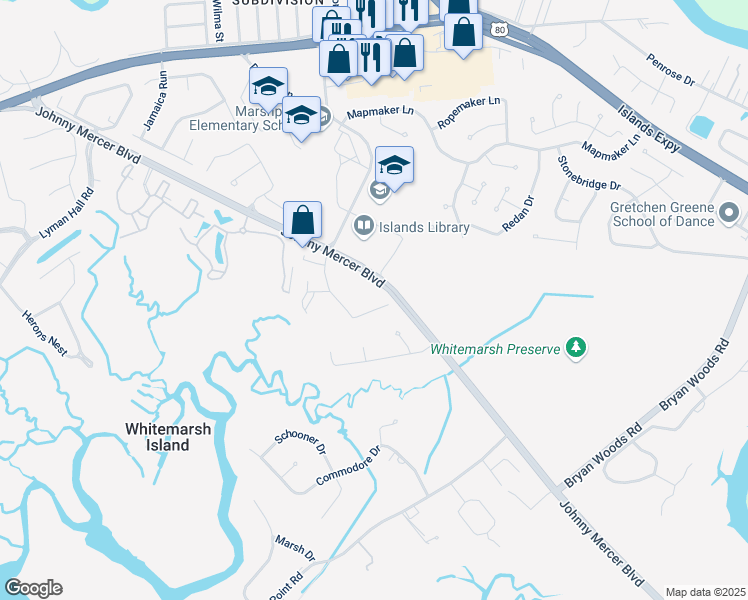 map of restaurants, bars, coffee shops, grocery stores, and more near 9101 Walden Park Drive in Savannah