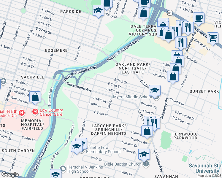 map of restaurants, bars, coffee shops, grocery stores, and more near 2018 East 58th Street in Savannah