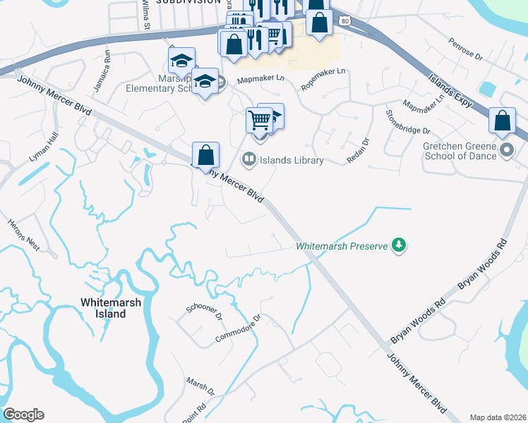 map of restaurants, bars, coffee shops, grocery stores, and more near 9106 Walden Park Drive in Savannah