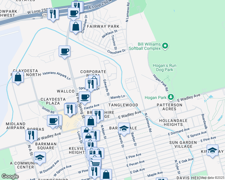 map of restaurants, bars, coffee shops, grocery stores, and more near 3600 Edwards Street in Midland
