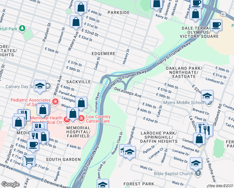 map of restaurants, bars, coffee shops, grocery stores, and more near 1616 East 59th Street in Savannah