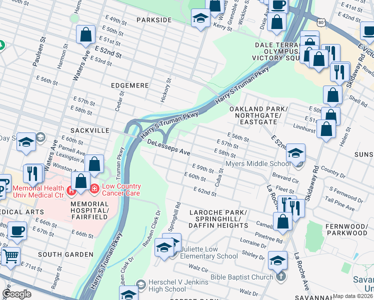 map of restaurants, bars, coffee shops, grocery stores, and more near 1816 Delesseps Avenue in Savannah