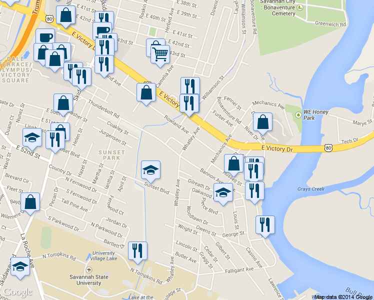 map of restaurants, bars, coffee shops, grocery stores, and more near 2810 Whatley Avenue in Savannah