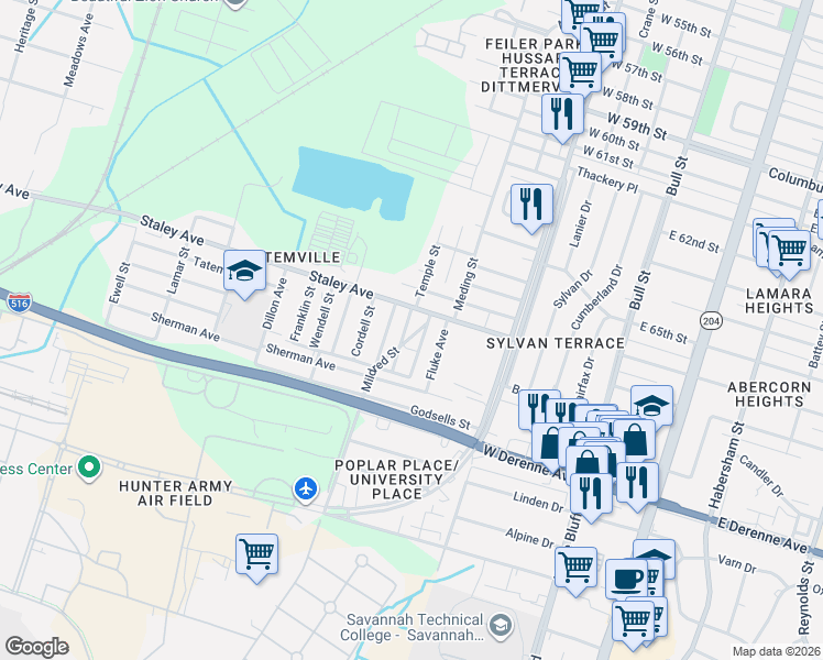 map of restaurants, bars, coffee shops, grocery stores, and more near 5212 Glatigny Street in Savannah