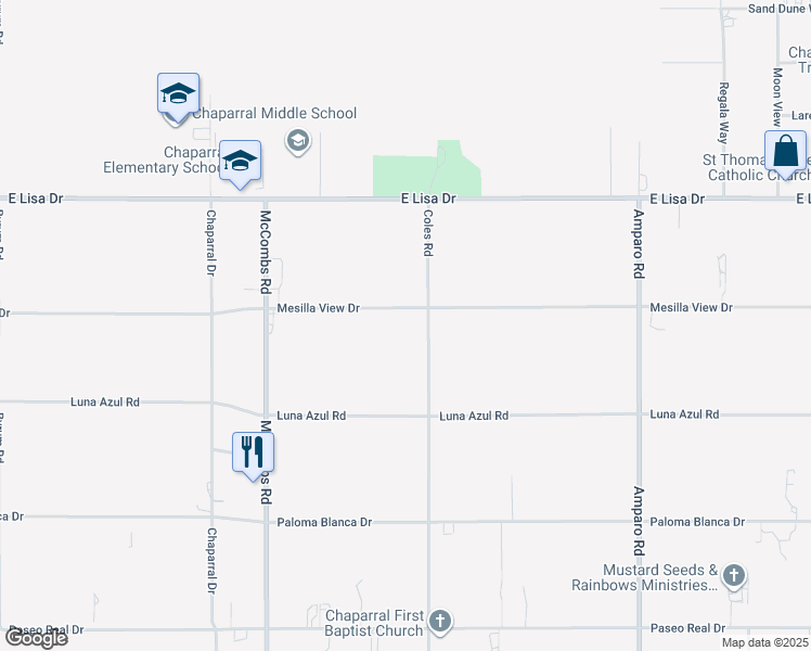 map of restaurants, bars, coffee shops, grocery stores, and more near 349 Mesilla View Drive in Chaparral