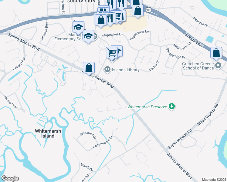 map of restaurants, bars, coffee shops, grocery stores, and more near 9106 Walden Park Drive in Savannah