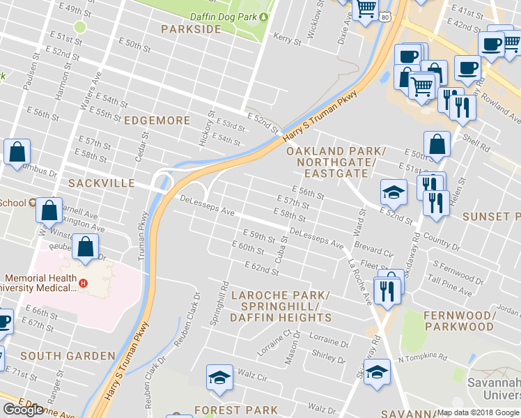 map of restaurants, bars, coffee shops, grocery stores, and more near 1915 E 58th St in Savannah