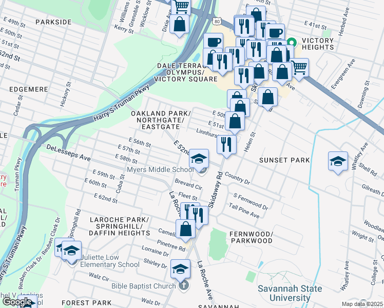 map of restaurants, bars, coffee shops, grocery stores, and more near 2025 East 52nd Street in Savannah