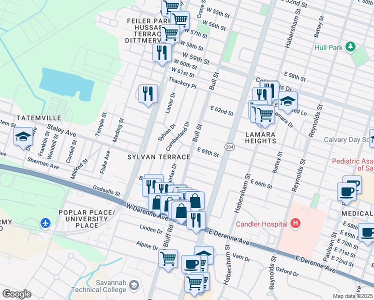 map of restaurants, bars, coffee shops, grocery stores, and more near 4701 Oakview Drive in Savannah