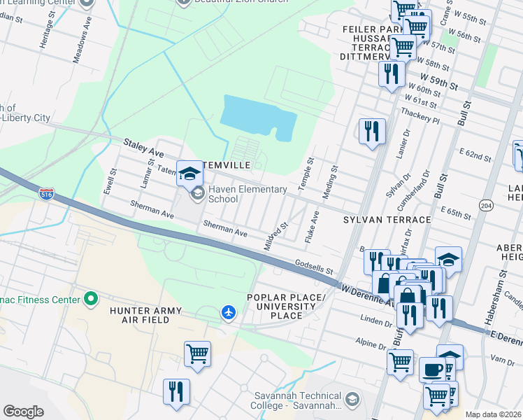 map of restaurants, bars, coffee shops, grocery stores, and more near 5204 Cordell Street in Savannah