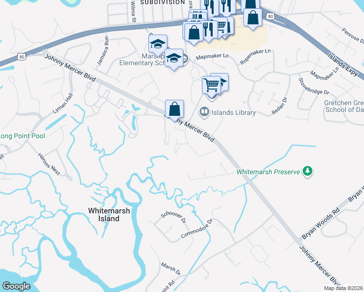 map of restaurants, bars, coffee shops, grocery stores, and more near 5101 Walden Park Drive in Savannah