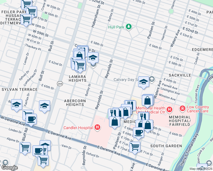 map of restaurants, bars, coffee shops, grocery stores, and more near 406 East 63rd Street in Savannah