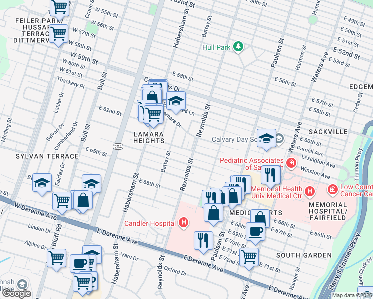 map of restaurants, bars, coffee shops, grocery stores, and more near 306 East 63rd Street in Savannah