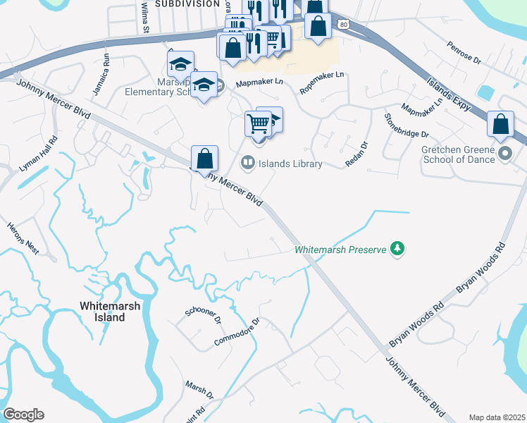 map of restaurants, bars, coffee shops, grocery stores, and more near 9106 Walden Park Drive in Savannah