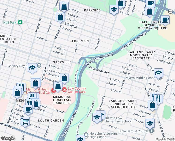 map of restaurants, bars, coffee shops, grocery stores, and more near 1616 East 59th Street in Savannah