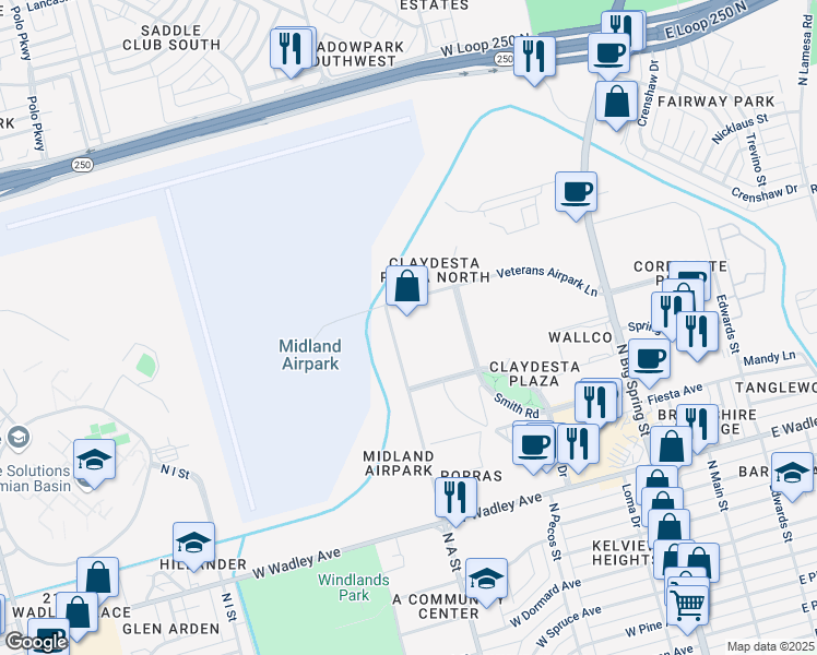 map of restaurants, bars, coffee shops, grocery stores, and more near 3500 North A Street in Midland