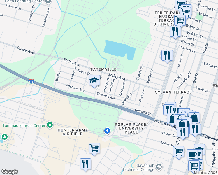 map of restaurants, bars, coffee shops, grocery stores, and more near 5204 Wendell Street in Savannah