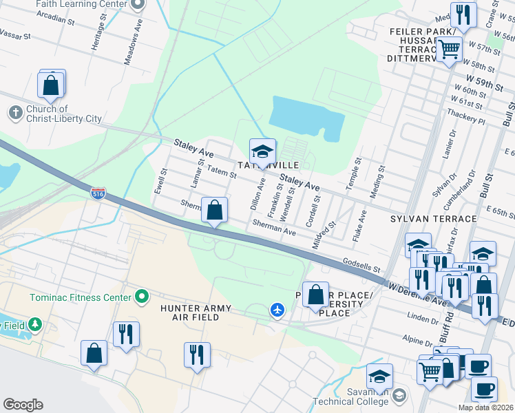 map of restaurants, bars, coffee shops, grocery stores, and more near 5213 Dillon Avenue in Savannah