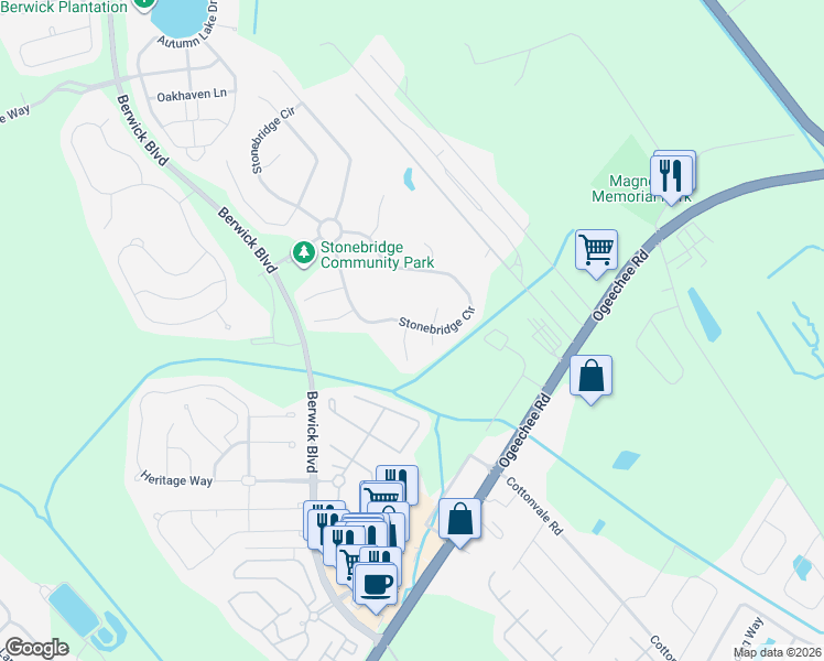 map of restaurants, bars, coffee shops, grocery stores, and more near 344 Stonebridge Circle in Savannah