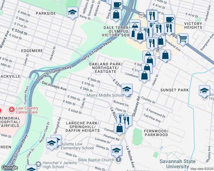 map of restaurants, bars, coffee shops, grocery stores, and more near 2208 East 57th Street in Savannah