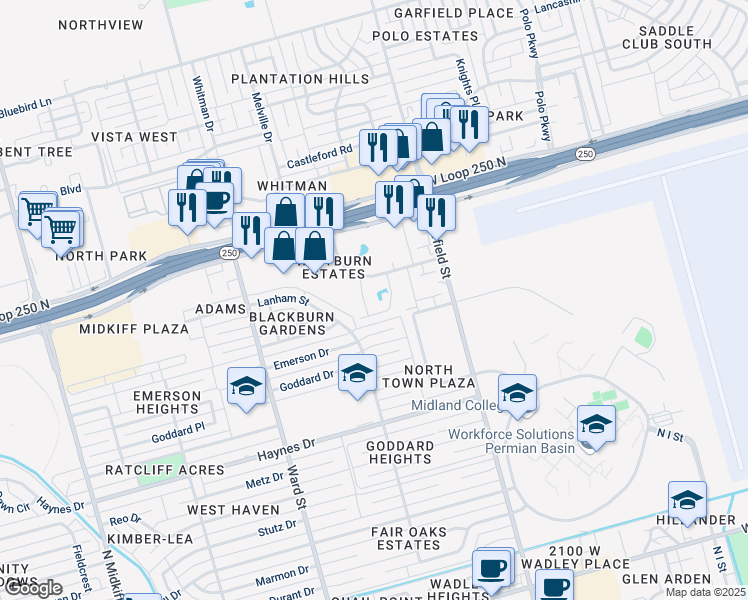 map of restaurants, bars, coffee shops, grocery stores, and more near 2433 Whitmire Boulevard in Midland