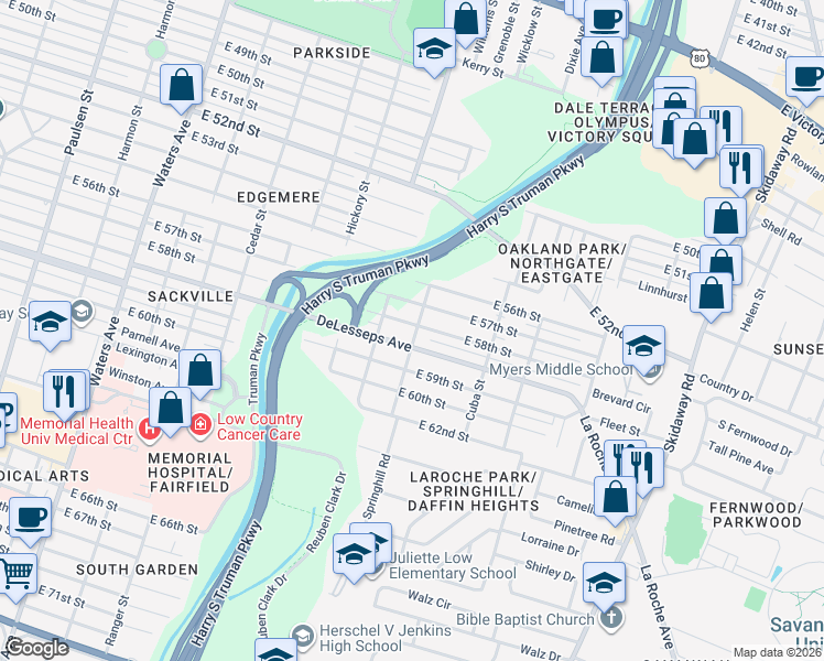 map of restaurants, bars, coffee shops, grocery stores, and more near 1816 DeLesseps Avenue in Savannah