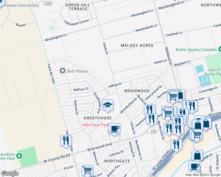 map of restaurants, bars, coffee shops, grocery stores, and more near 4905 Hilltop Drive in Midland
